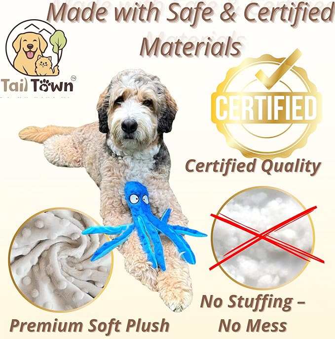 Octopus Dog Toy – Squeaky & Crinkle Plush – No Stuffing Toy for Small, Medium & Large Dogs – Interactive Pet-Safe Soft Toy for Tug, Fetch & Play – Blue– Tail Town