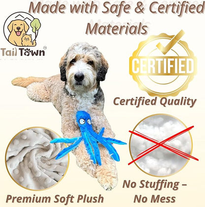 Octopus Dog Toy – Squeaky & Crinkle Plush – No Stuffing Toy for Small, Medium & Large Dogs – Interactive Pet-Safe Soft Toy for Tug, Fetch & Play – Blue– Tail Town