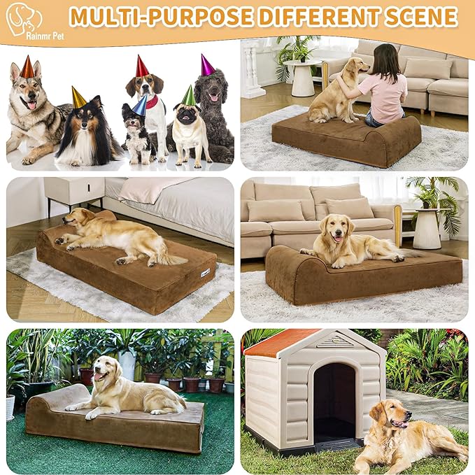 Rainmr Orthopedic Dog Beds for Large Dogs, 7" Memory Foam Dog Beds with Waterproof Liner, Durable Microsuede Cover, Removable and Washable, Nonskid Bottom, 48"x30"x7" L Chocolate