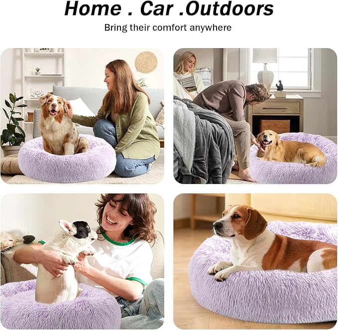 NOYAL Calming Donut Dog Bed for Small to Medium Dogs & Cats - Plush Faux Fur Anti-Anxiety Pet Bed with Machine Washable Cover & Non-Slip Base
