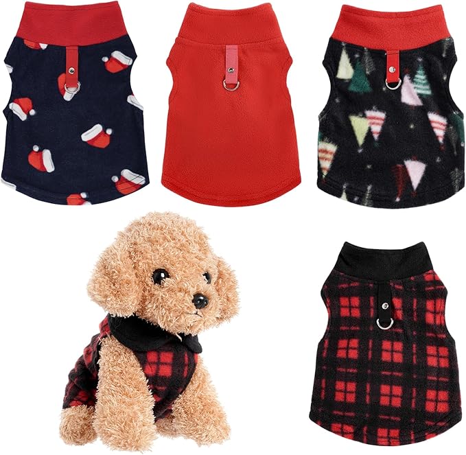 Rbenxia 4 Pieces Red Buffalo Plaid Dog Sweaters with Leash Ring Soft Fleece Vest Dog Pullover Warm Jacket Pet Dogs Clothes Winter Dogs Outfits for Small Puppy Cat Pets (Large)