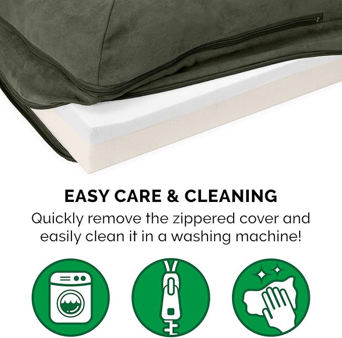 Furhaven Memory Foam Dog Bed for Large/Medium Dogs w/ Removable Bolsters & Washable Cover, For Dogs Up to 55 lbs - Two-Tone Plush Faux Fur & Suede L Shaped Chaise - Dark Sage, Large