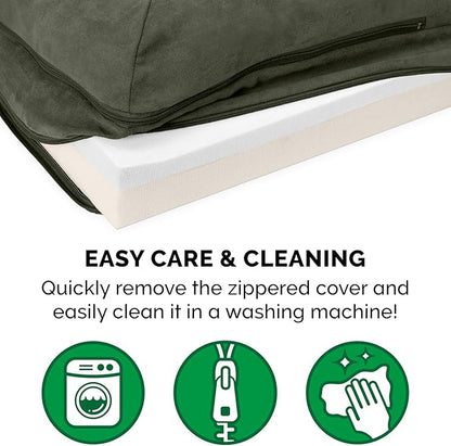 Furhaven Memory Foam Dog Bed for Medium/Small Dogs w/ Removable Bolsters & Washable Cover, For Dogs Up to 35 lbs - Two-Tone Plush Faux Fur & Suede L Shaped Chaise - Dark Sage, Medium
