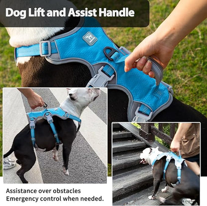 Huntboo Escape Proof Dog Harness, Escape Artist Harness, Reflective Harness with Padded Handle, Breathable, Durable, Adjustable Vest for Medium Dogs Walking, Training, and Running Gear (Blue, M)