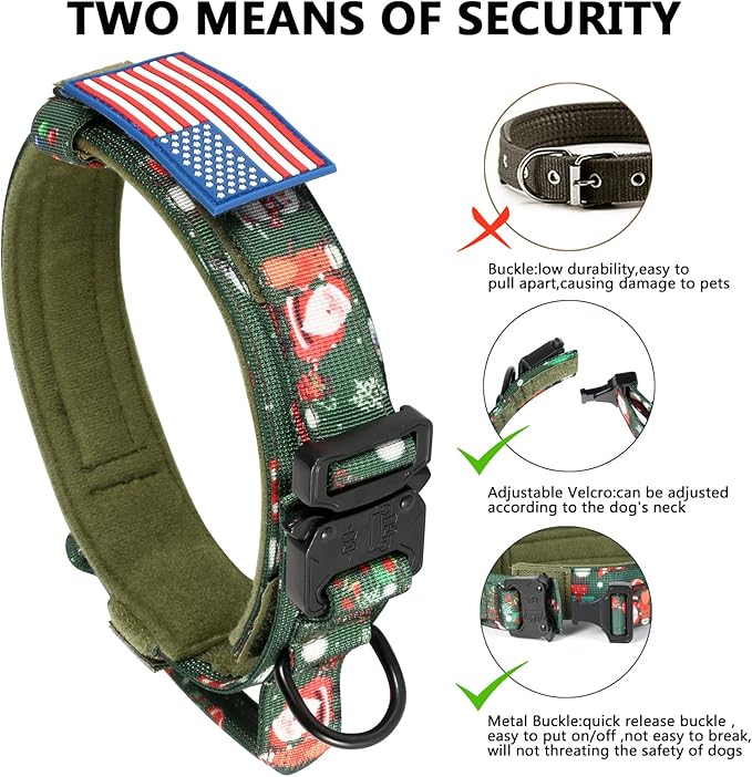DAGANXI Christmas Tactical Dog Collar, Adjustable Military Training Nylon Dog Collar with Control Handle and Metal Buckle for Medium and Large Dogs, with Patches and Airtags Case (XL, Christmas green)