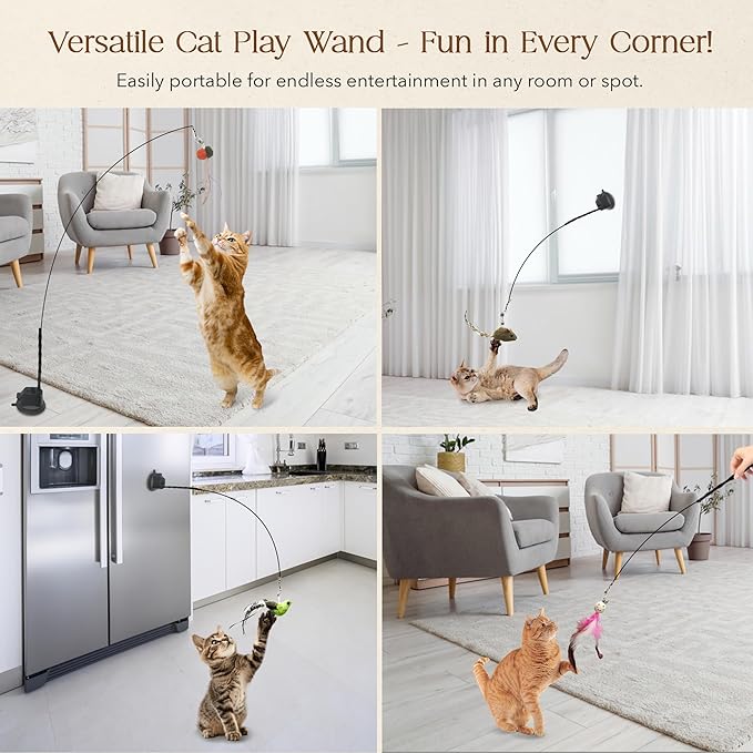 CUTIE PAW PAL Interactive Bird Simulation Cat Feather Toy Set - Suction Cup Cat Toys for Indoor Cats, Natural Feathers, Bells & Easy Clip-On, Perfect for Indoor Cats - 2 Free Pads, Suctions to Ground