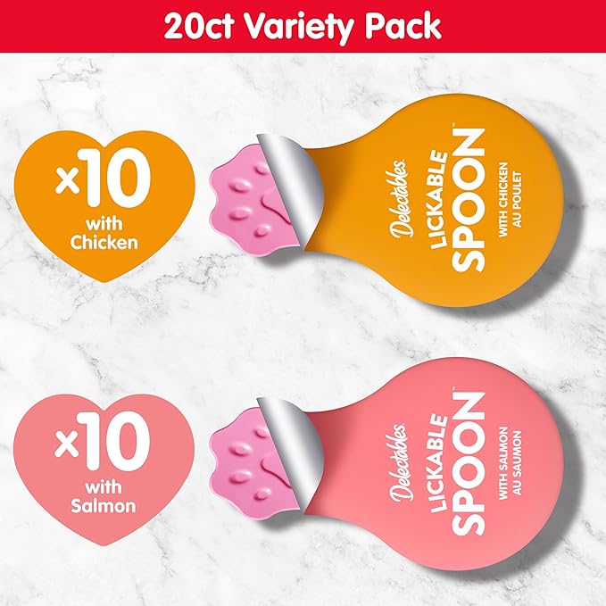 Delectables Lickable Spoon Handheld Wet Cat Treats Made with Real Chicken & Salmon, Quick & Easy Creamy Puree, Mess Free, Grain-Free, No Added Fillers, No by-Products, Variety Pack, 20ct