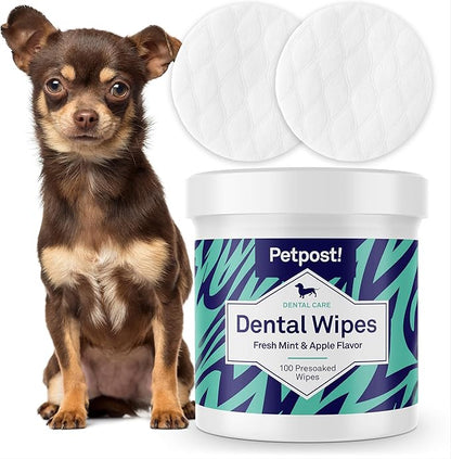 Petpost Dental Wipes for Dogs | 100 Count Presoaked Pads in Natural Tooth Cleaning Solution | Bad Breath and Tooth Buildup Remover