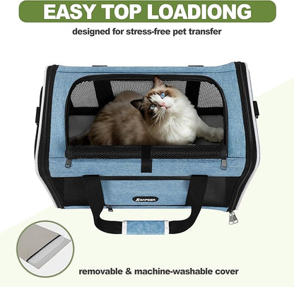 GAPZER Cat Carrier 18 x 11 x 11 Top Loading Soft-Sided Pet Travel Bag Over 15lbs, Portable Small Dog Puppy Car Crate 10 lbs, Chihuahua Kennel Carry Case, Kitty Cloth Cage Medium Cat Under 25 Blue