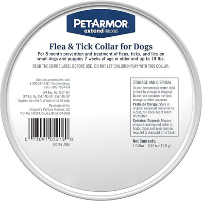 PetArmor Extend Flea & Tick Treatment & Prevention Collar for Small Dogs up to 18 lbs., 8 Months of Protection, Odorless & Non-Greasy, Waterproof, Kills Fleas, Ticks, and Flea Larvae, 1 Count