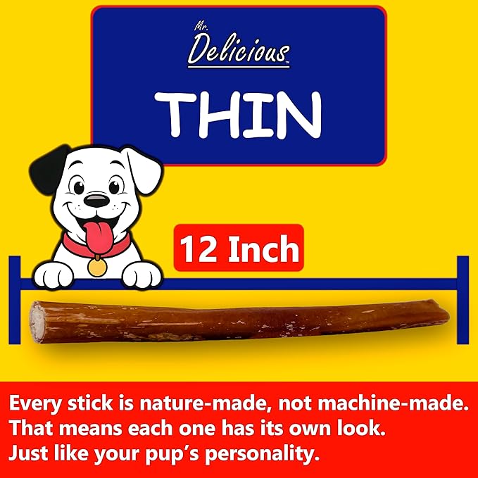 Mr. Delicious Bully Sticks for Dogs, 10 Count, 12 Inch Thin, Consistent Thickness, All Natural, Grass Fed, Rawhide-Free, Single Ingredient, Long Lasting Dog Chews
