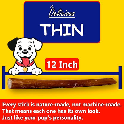 Mr. Delicious Bully Sticks for Dogs, 10 Count, 12 Inch Thin, Consistent Thickness, All Natural, Grass Fed, Rawhide-Free, Single Ingredient, Long Lasting Dog Chews