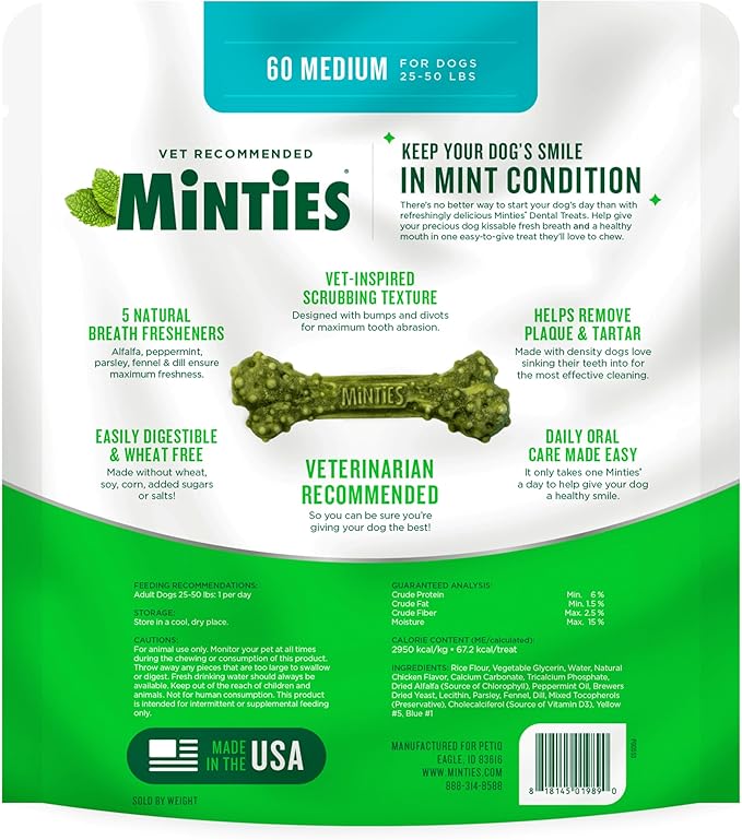 Minties Dental Chews for Dogs, 60 Count, Vet-Recommended Mint-Flavored Dental Dog Treats for Medium Dogs, Bones Clean Teeth, Fight Bad Breath, and Removes Plaque and Tartar
