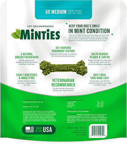 Minties Dental Chews for Dogs, 60 Count, Vet-Recommended Mint-Flavored Dental Dog Treats for Medium Dogs, Bones Clean Teeth, Fight Bad Breath, and Removes Plaque and Tartar