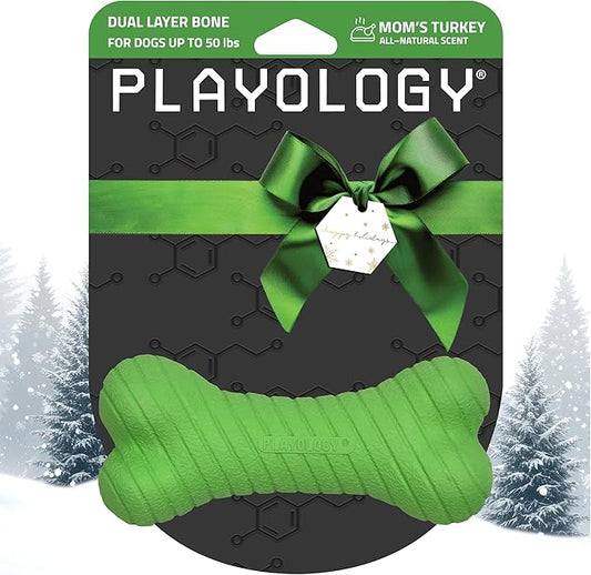 Playology Dog Toys | Dual Layer Bone Durable Chew Toy Bone for Dogs | Medium Mom's Turkey Scented Toy - Easy to Clean and Made from Non Toxic Materials