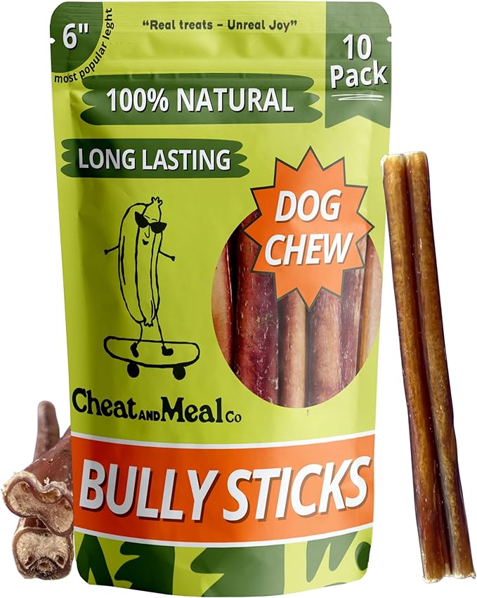 Bully Sticks for Dogs, (6 Inch, 10 Count), Dog Chew Toy for Aggresive Chewer, Long-Lasting, 100% Grass-Fed Beef Pizzle - Ideal for Medium and Large Dogs - Rawhide-Free