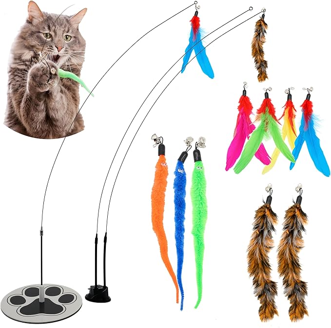 GADGETSOLOGY Suction Cup Cat Toys for Indoor Cats Interactive Suction Cup Cat Wand Toy Feather Teaser for Indoor Cats & Kittens Multi Surface Base for Hands Free Play