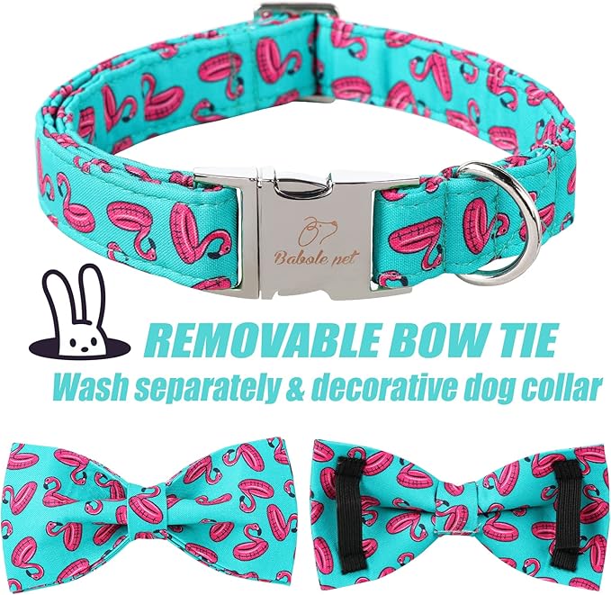 Summer Dog Collar with Bow Tie, Cute Flamingo Float Bowtie Dog Collar, Durable Adjustable Cotton Pet Collar for Small Medium Large Dogs XS