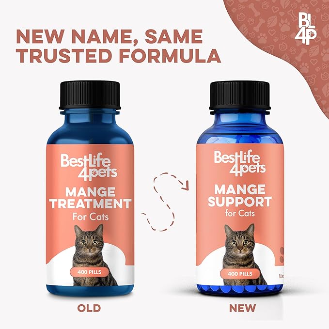 Mange Support for Cats, Natural Cat Itchy Skin, Paws and Ears Relief - Soothes Welts, Scabs, Red and Flaky Skin Reducing Excessive Grooming and Patchy Fur for a Healthy Coat (400 Tiny Tasteless Pills)