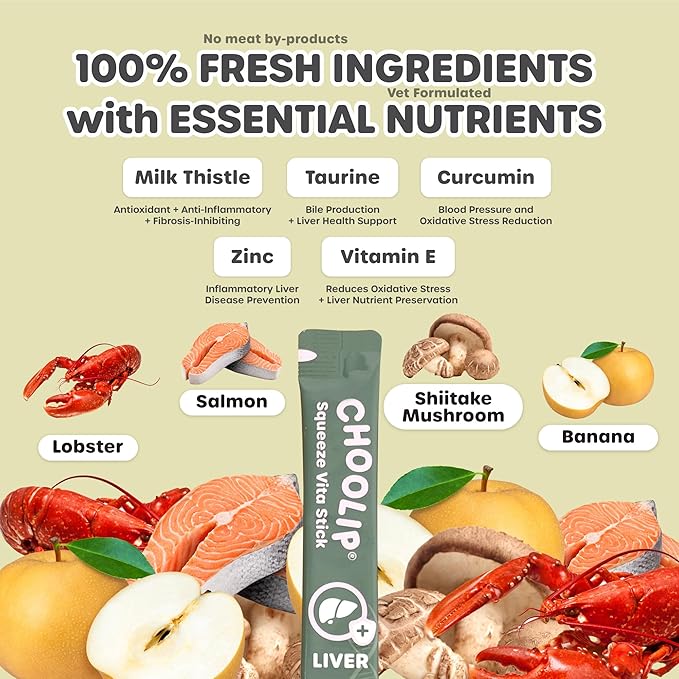 Choolip Squeeze Vita Stick Lickable Cat and Dog Treats, 7-Count Liver Support, Tuna and Chicken with Milk Thistle, CoQ10 and Vitamin E, Vet-Formulated