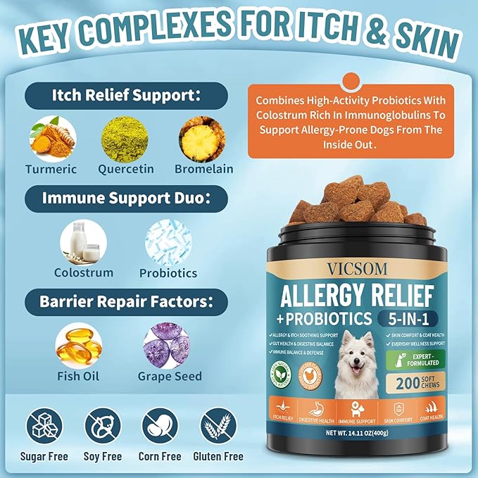 VICSOM Dog Allergy Chews for Dogs Itching Skin Relief with Probiotics for Dogs Immune Support, Itchy Skin & Ears, Licking Paws, Itch Relief for Dog with Probiotics for Gut Health, 200 Chews