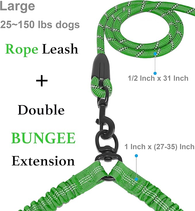 iYoShop Dual Dog Leash - 360° Swivel, No Tangle Walking Leash with Shock Absorbing Bungee for Two Dogs (Large, 25-150 lbs, Emerald)