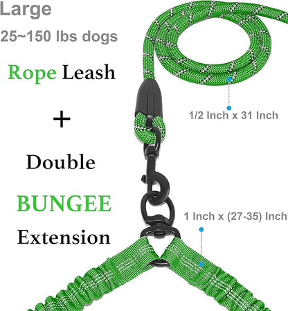 iYoShop Dual Dog Leash - 360° Swivel, No Tangle Walking Leash with Shock Absorbing Bungee for Two Dogs (Large, 25-150 lbs, Emerald)