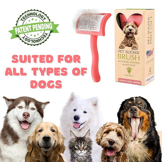 Pet Slicker Brush With Soft Massage Grooming Stainless Steel Pins - For Dematting, Shedding Fur, and Undercoat - Ideal Gift for Professional Pet Groomers - Long Slicker Brush (Coral, Curved Medium)