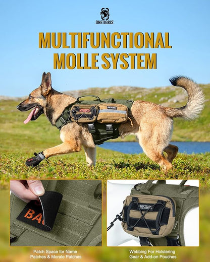 OneTigris Tactical Large Dog Harness, 5X Metal Buckled No Pull Service Dog Harness Vest with Hook & Loop Panels, Military Heavy Duty Dog Vest for Walking Hiking Training