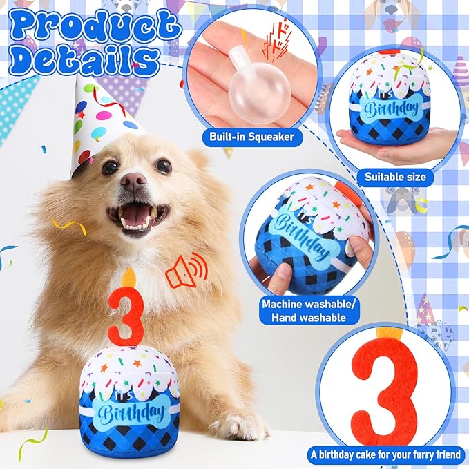 Dog 3rd Birthday Cake Toy Accessories for Girl Boy Gifts, Blue Grid Squeaky Plush Toy for Dog Birthday Party Decor Favor for Large, Medium and Small Dogs