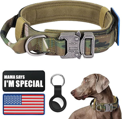 Tactical Nylon Collar - Heavy Duty Metal Buckle with Handle for Dog Training, with Patches (Camo, M)