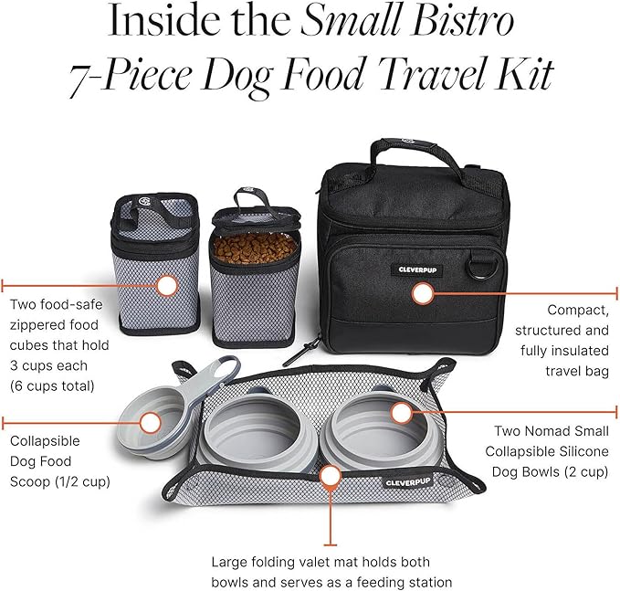 Cleverpup, Small 7-Piece Bistro Box Dog Food Travel Kit, 6-Cup Kibble Storage, 2 Silicone Bowls, Mat & Scoop - Premium Portable Pet Food Kit for Weekends, Overnights, Daycare & Camping, Graphite