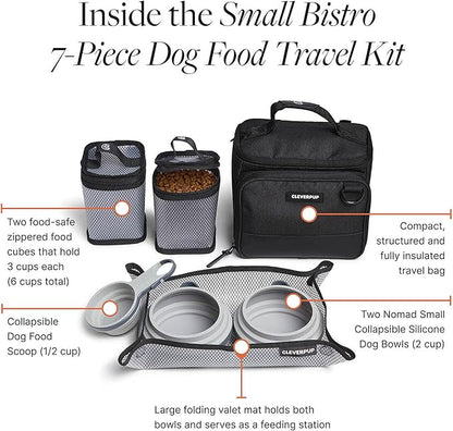 Cleverpup, Small 7-Piece Bistro Box Dog Food Travel Kit, 6-Cup Kibble Storage, 2 Silicone Bowls, Mat & Scoop - Premium Portable Pet Food Kit for Weekends, Overnights, Daycare & Camping, Graphite