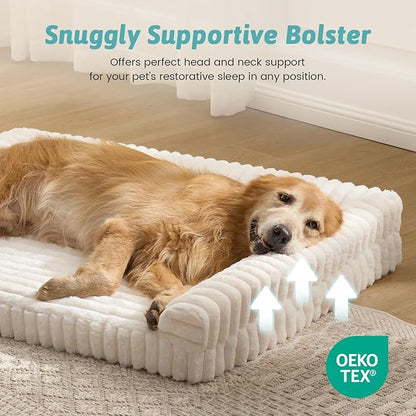 COZY KISS Cute Dog Bed for Large Dogs, Faux Rabbit Fur Orthopedic Foam Dog Bed with Sides, Removable Washable Cover & Waterproof Lining, Comfortable Pet Couch, Cream (44" L x 32" W x 7" Th)