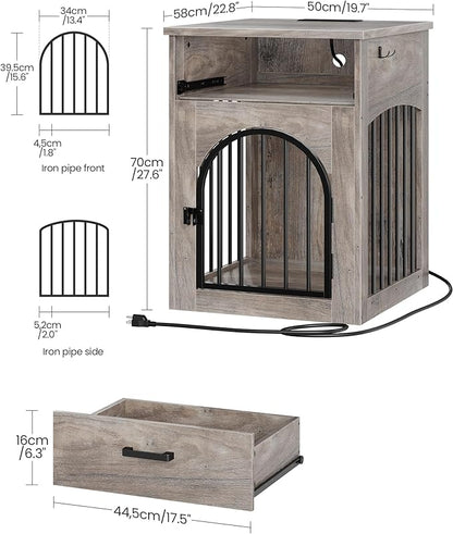 CHOEZON Dog Crate Furniture, Wooden Dog House with Charging Station and Storage Drawer, Indoor Pet Crate End Table for Small Breeds, for Living Room, Bedroom, Greige MGW01UFH