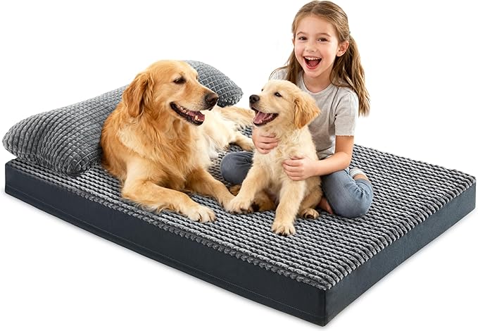 KISYYO Premium Orthopedic Dog Bed with Removable Pillow and Washable Cover – Extra Large Kennel Mat, Non-Slip Base & Plush Support for Pets, Grey (35" L x 23" W x 3.5" Th)