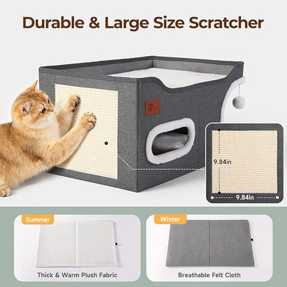 Petizer Cat House for Indoor Cats - Foldable Large Cat Bed Cave with Fluffy Ball and Scratch Pad, Cat Hideaway for Cats, Dark Grey, 23.8 x16.34 x12.8inch (Can Add Pet Heating Pad)
