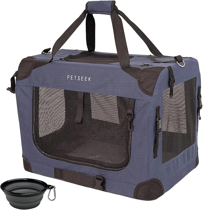 Petseek Extra Large Cat Carrier Soft Sided, Portable Small Dog Carrier for 2 Cats, 24"x16.5"x16" Car Travel Folding Comfortable Design with Bowl, Blue