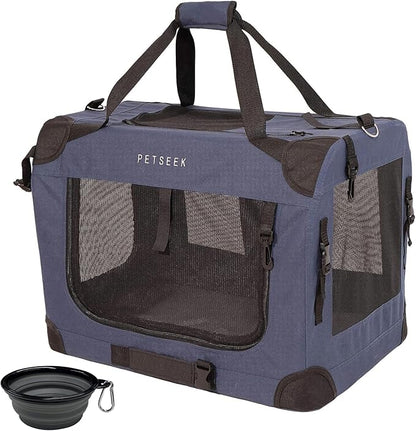 Petseek Extra Large Cat Carrier Soft Sided, Portable Small Dog Carrier for 2 Cats, 24"x16.5"x16" Car Travel Folding Comfortable Design with Bowl, Blue