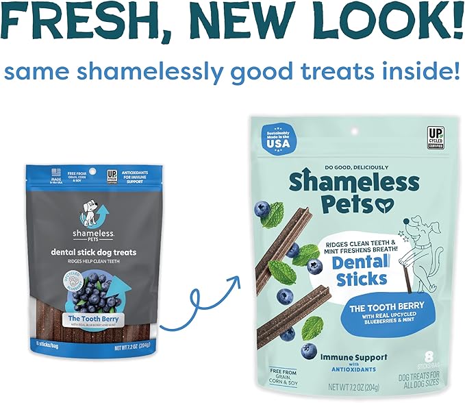 Shameless Pets Blueberry & Mint Dental Chews for Dogs, 8 Chews - Natural Dog Teeth Cleaning Treats with Fresh Breath Benefits | Grain-Free Dental Sticks for Small, Medium & Large Dogs