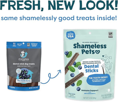 Shameless Pets Blueberry & Mint Dental Chews for Dogs, 8 Chews - Natural Dog Teeth Cleaning Treats with Fresh Breath Benefits | Grain-Free Dental Sticks for Small, Medium & Large Dogs