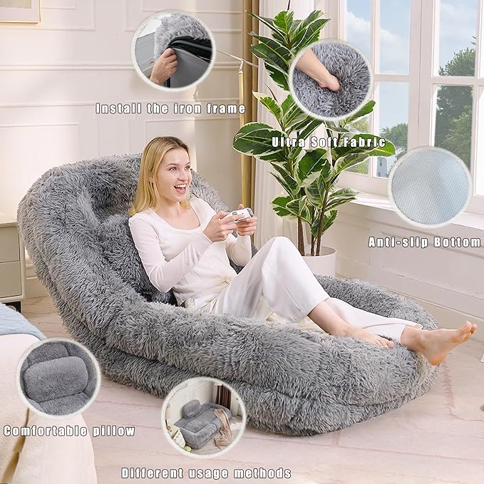 KEIKI 69" Upholstered Human Dog Bed for Adults, Foldable Plush Faux Fur Lazy Sofa Bed with 5 Adjustable Positions and a Pillow, Giant Human Size Dog Bed for People, Light Gray