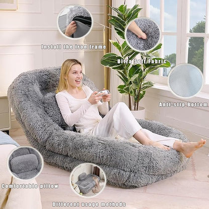 KEIKI 69" Upholstered Human Dog Bed for Adults, Foldable Plush Faux Fur Lazy Sofa Bed with 5 Adjustable Positions and a Pillow, Giant Human Size Dog Bed for People, Light Gray