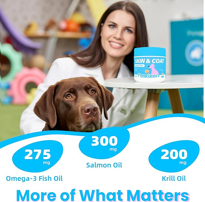 Omega 3 for Dogs –Skin & Coat Supplement – Omega Rich Salmon Oil, Krill Oil & Fish Oil – DHA&EPA for Itchy Skin Relief, Shiny Coat, Shedding & Allergy Support – 120 Soft Chews
