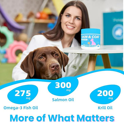 Omega 3 for Dogs –Skin & Coat Supplement – Omega Rich Salmon Oil, Krill Oil & Fish Oil – DHA&EPA for Itchy Skin Relief, Shiny Coat, Shedding & Allergy Support – 120 Soft Chews