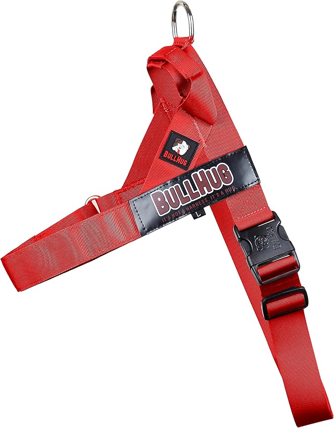 BULLHUG Adjustable Dog Harness– No Pull, No Choke – for English Bulldogs, French Bulldogs, Pugs & Broad-Chested Breeds – Easy, Safe Walks (Bright RED, Small)