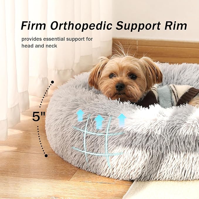 NOYAL Calming Donut Dog Bed for Small to Medium Dogs & Cats - Plush Faux Fur Anti-Anxiety Pet Bed with Machine Washable Cover & Non-Slip Base