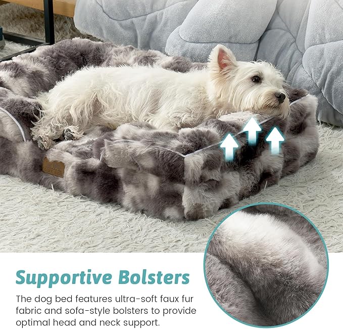 COZY KISS Orthopedic Dog Bed for Medium Small Size Dog, Soft and Warm Faux Fur Sofa for Pet Up to 40 lbs, Foam Bolster Anti-Slip Couch with Washable Removable Cover, M 30x20x6.5 inch, Tie Dye Grey