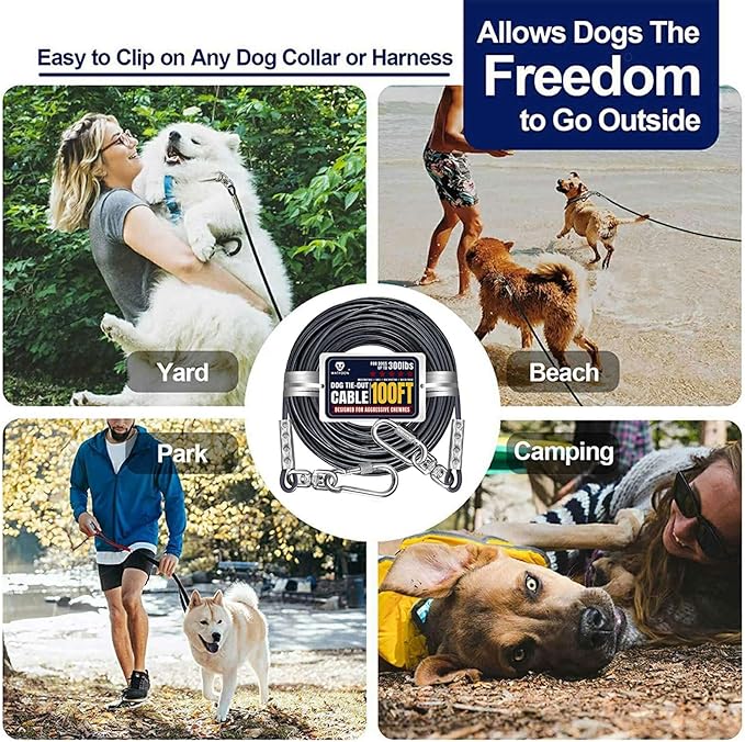 Tie Out Cable for Large Dogs, 100ft Dog Runner for Yard, Heavy Duty Swivel Hooks Lead Holds Break Strength of 1000lbs, Steel Wire Dog Chain Leash Cable Outside, Camping(Grey)