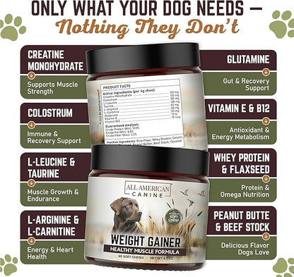 Dog Weight Gainer Chews – High Calorie Dog Food Supplement for Rapid Weight Gain, Mass, and Recovery – Appetite Stimulant – 60 Chews